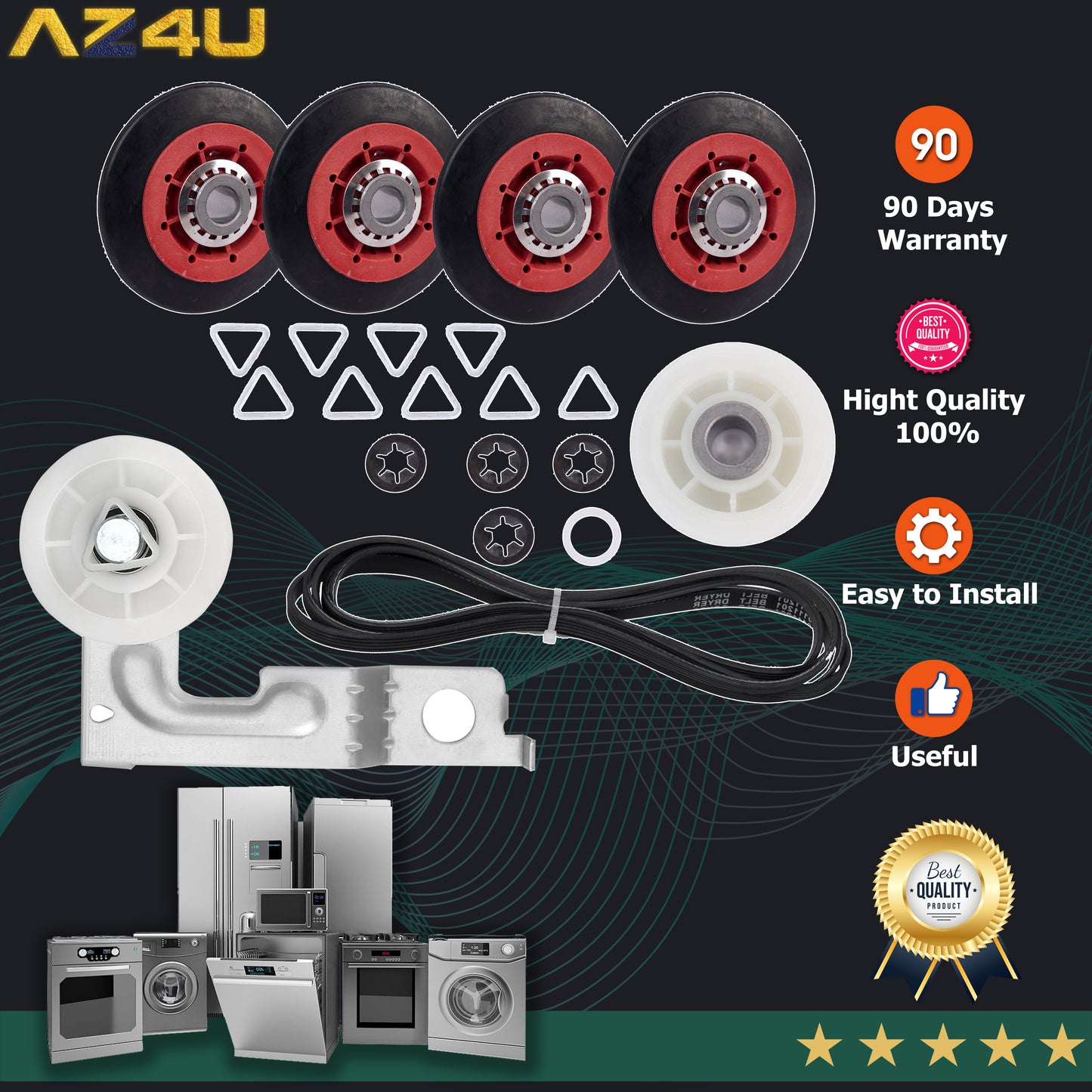 AZ4U 4392067 Dryer Repair Kit & W10837240 Dryer Idler Pulley With Bracket Replaces For Whirlpool Cabrio Duet, Kenmore, Maytag Bravos XL Dryer 661570 Dryer Belt, 279640 Idler Pulley, WPW10314173 Drum Roller