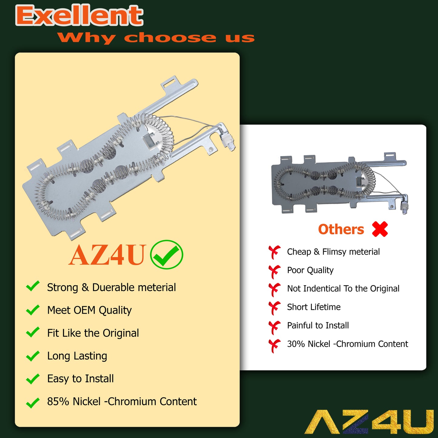 AZ4U Dryer Heating Element Replaces For Epic z Bravos MEDB765FW0 MEDB835DW4 MED9600SQ0 MED9700SQ0 MED9800TQ0 MEDX500XW0 MEDX700XW0 MEDX700XL0 MEDC700VW0 MEDB855DC4 MED3500FW1 MEDZ400TQ2 MEDX500XL0