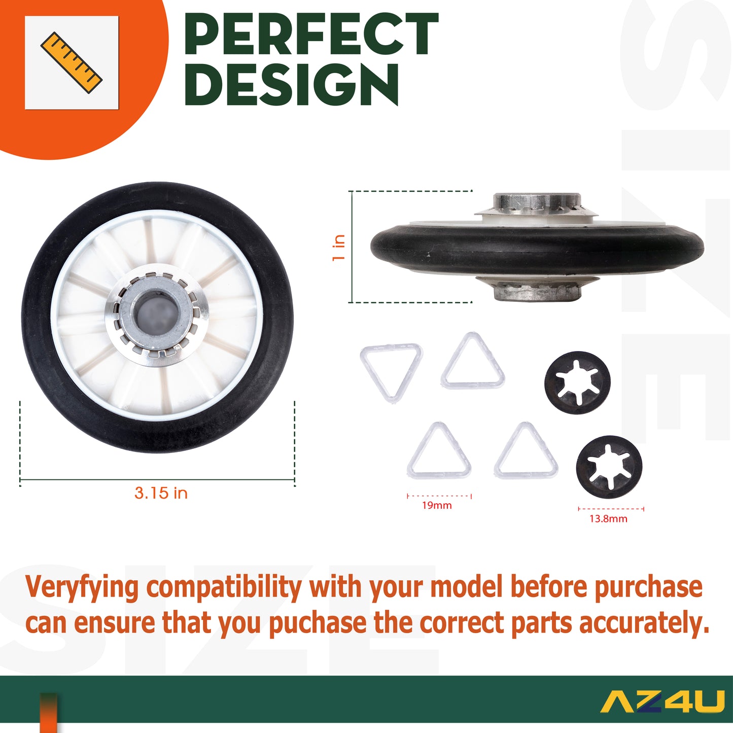 AZ4U Dryer Repair Kit Replaces For NED4600YQ1 NED4655EW1 4GNED4600YQ1 NED4600YQ0 NGD4655EW2 NED4500VQ0 NED4700YQ1 NED4500TQ0 NED4800VQ0 Drum Rollers 14210017 Belt 341241 Idler Pulley 14210023