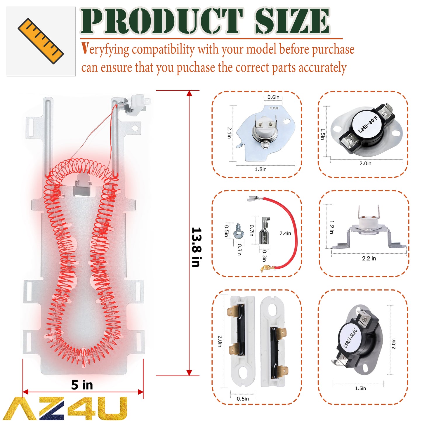 AZ4U Dryer Heating Element Replaces For Epic z Bravos MEDB765FW0 MEDB835DW4 MED9600SQ0 MED9700SQ0 MED9800TQ0 MEDX500XW0 MEDX700XW0 MEDX700XL0 MEDC700VW0 MEDB855DC4 MED3500FW1 MEDZ400TQ2 MEDX500XL0