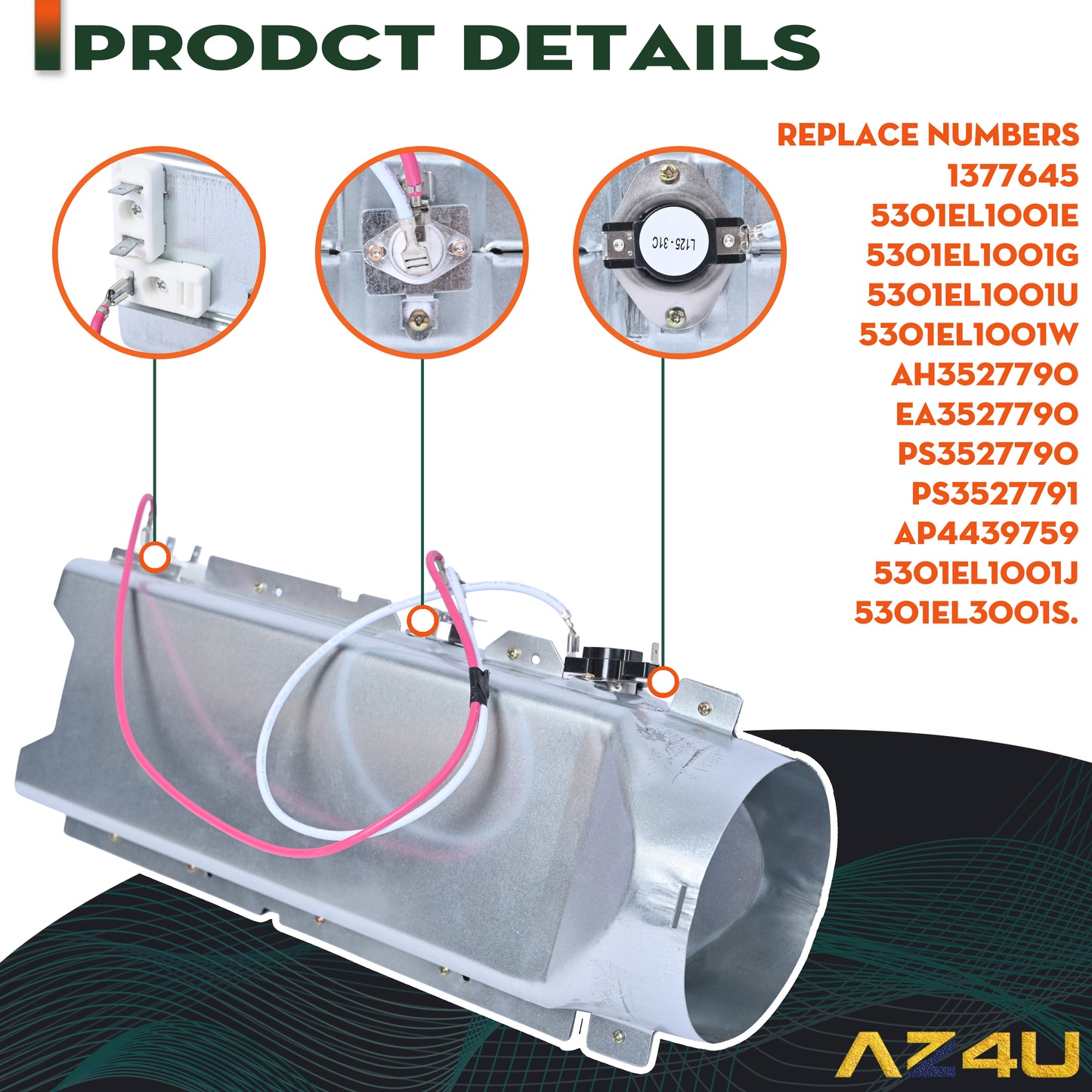 Dryer Heating Element Assembly Replaces For DLE2515S DLE2301R DLE2301W DLE2101W DLE1310W DLE7177WM DLE2512W DLEX7177RM DLE2701V DLE3050W DLE7177RM DLE5932S DLE2522W DLE2524W DLE2601R DLE2601W
