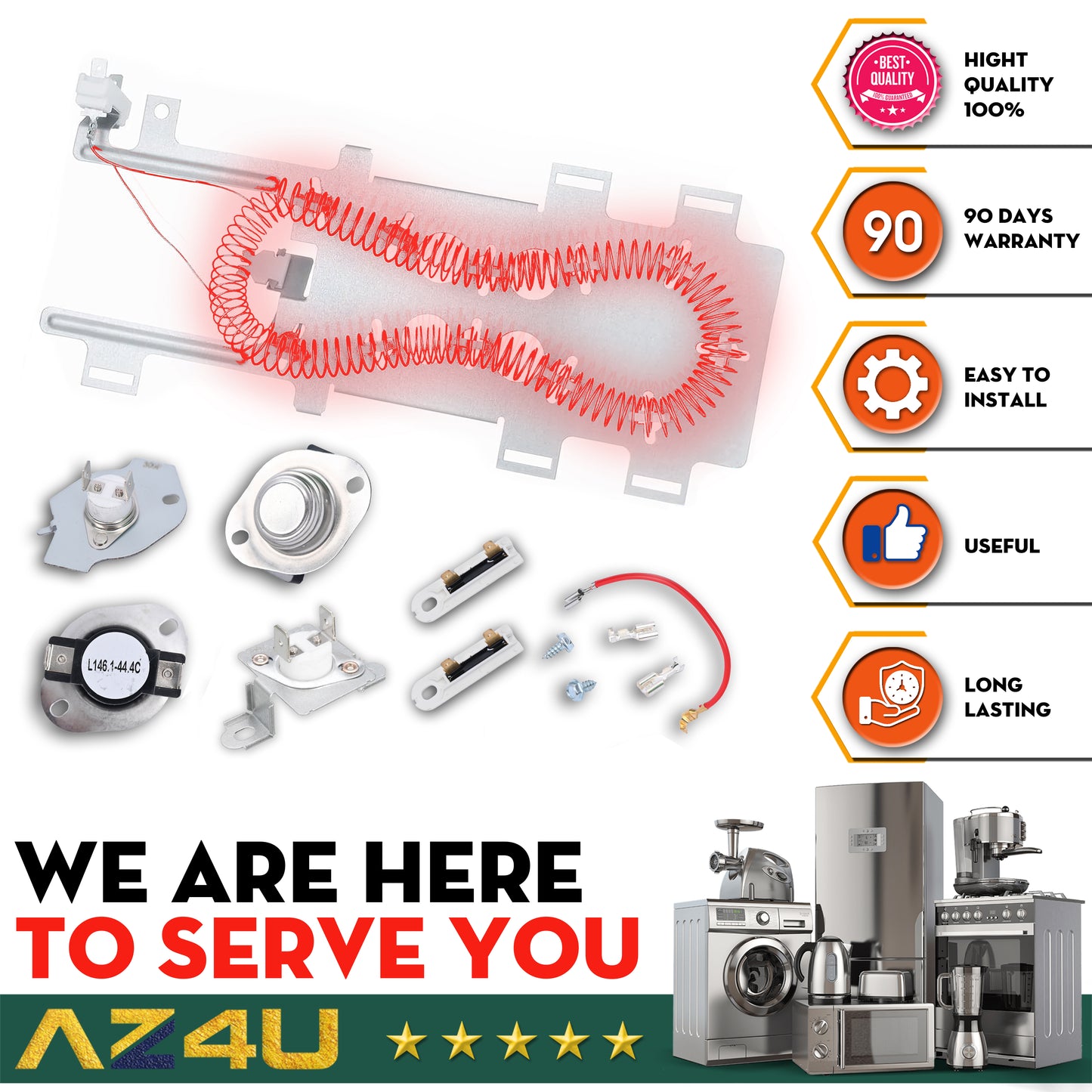 AZ4U Dryer Heating Element Replaces For Epic z Bravos MEDB765FW0 MEDB835DW4 MED9600SQ0 MED9700SQ0 MED9800TQ0 MEDX500XW0 MEDX700XW0 MEDX700XL0 MEDC700VW0 MEDB855DC4 MED3500FW1 MEDZ400TQ2 MEDX500XL0