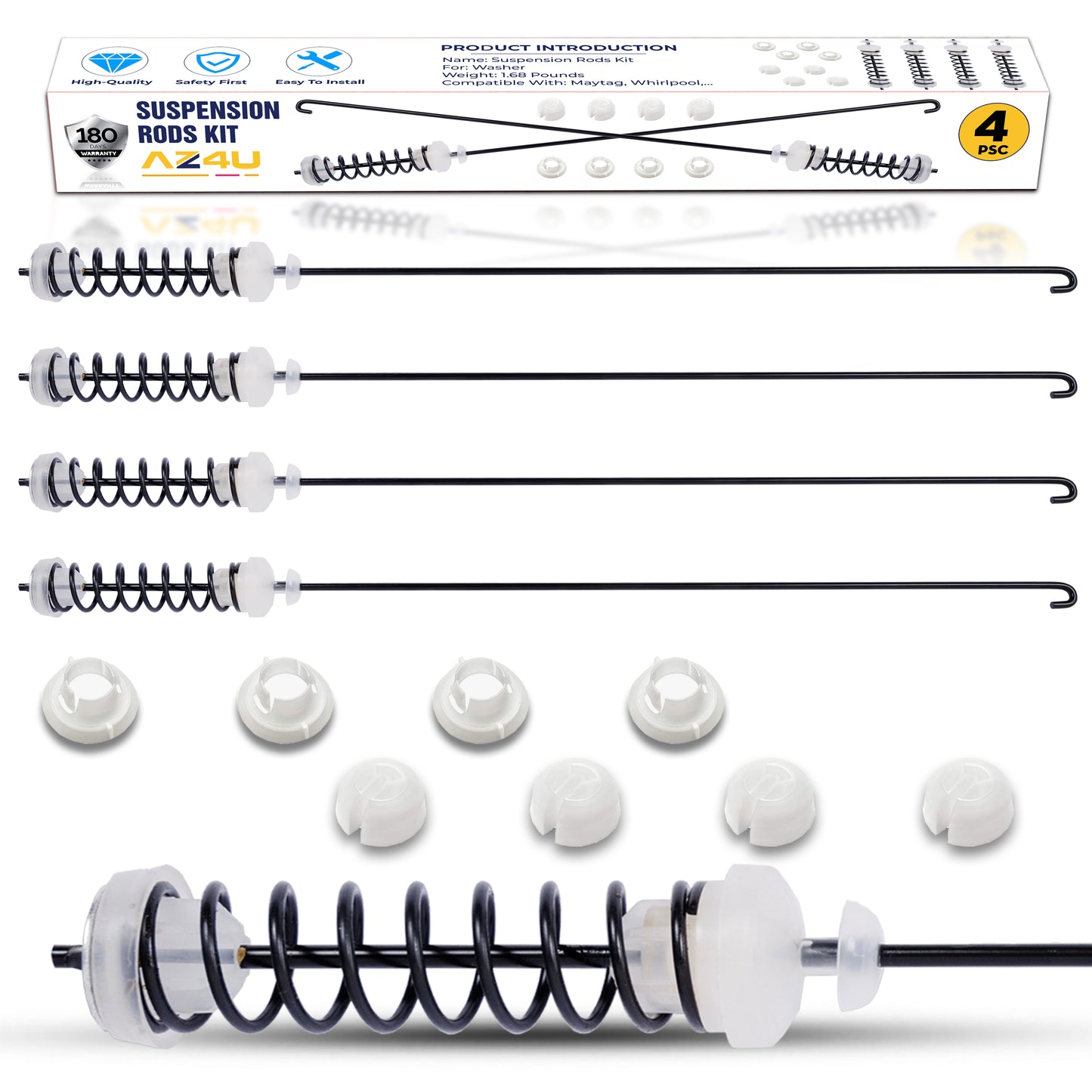 AZ4U 4Pcs Washer Suspension Rod Kit Replaces For NTW4605EW0 NTW4516FW1 NTW4516FW2 NTW4516FW3, WTW4800BQ0 WTW4800BQ1 WET4027HW0 WTW4616FW2 WTW4815EW0 WTW4815EW1 WTW4816FW1 WTW4816FW2 Washer