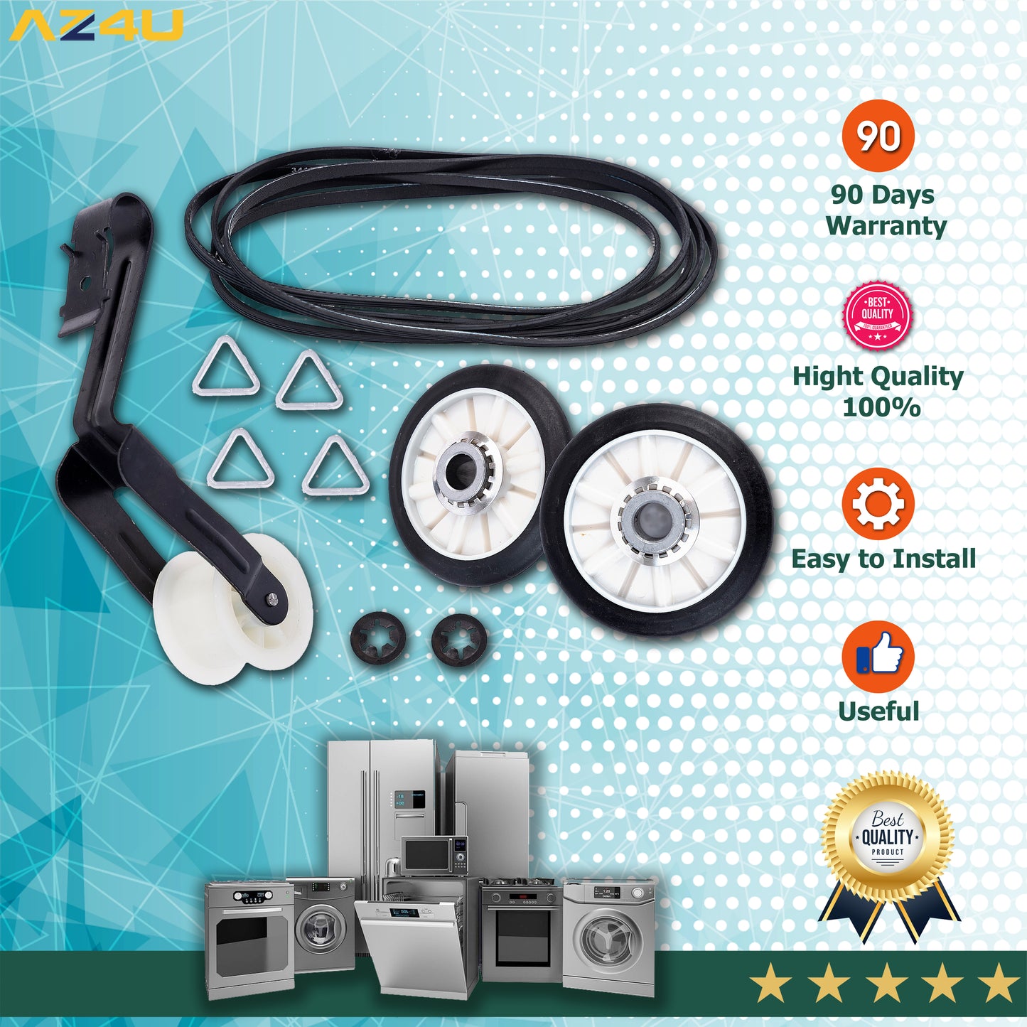 AZ4U Dryer Repair Kit Replaces For NED4600YQ1 NED4655EW1 4GNED4600YQ1 NED4600YQ0 NGD4655EW2 NED4500VQ0 NED4700YQ1 NED4500TQ0 NED4800VQ0 Drum Rollers 14210017 Belt 341241 Idler Pulley 14210023