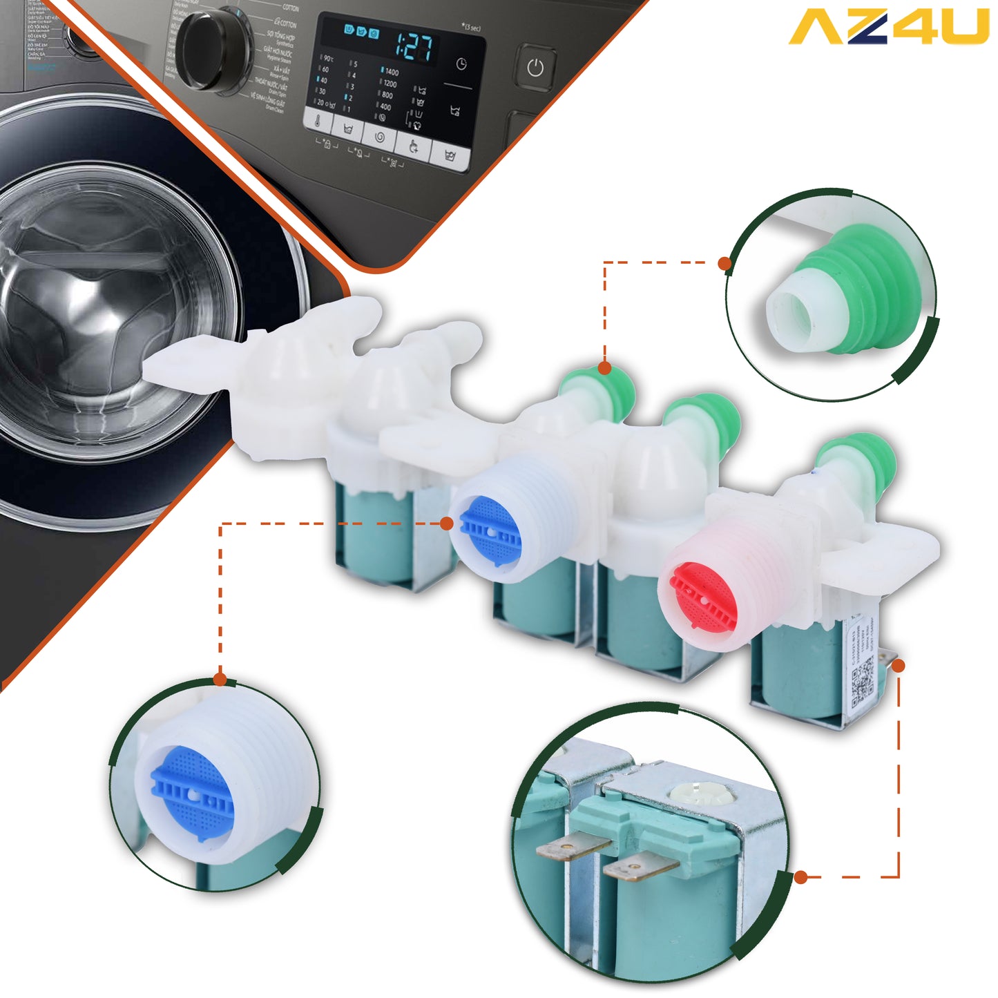 AZ4U Washer Water Inlet Valve Replaces For WA45H7000AW/A2 WA400PJHDWR/AA WA45M7050AW/A4 WA40J3000AW/A2 WA50R5200AW WA50R5400AV WA422PRHDWR/AA WA45H7000AP/A2 WA45H7000AW/AA WA45M7050AW Top Load