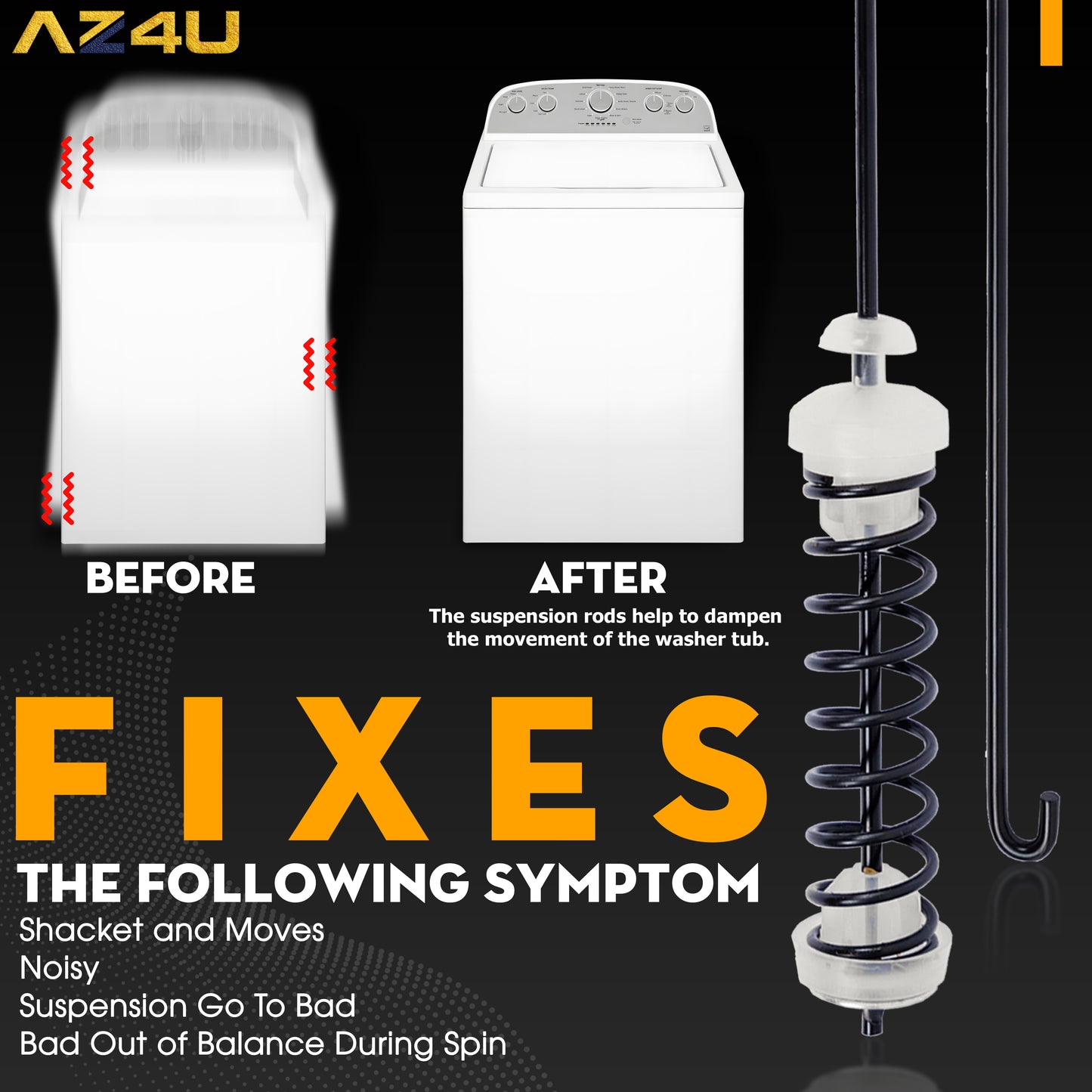 AZ4U Set 4Pcs Washer Suspension Rod Kit Replaces W10780048 For ATW4675YQ1, WTW4800XQ4 WTW4800XQ1 WTW4800XQ2, MVWC200XW2 MVWC200XW1 NTW4600YQ1 NTW4650YQ0 RTW4640YQ1 RTW4640YQ0