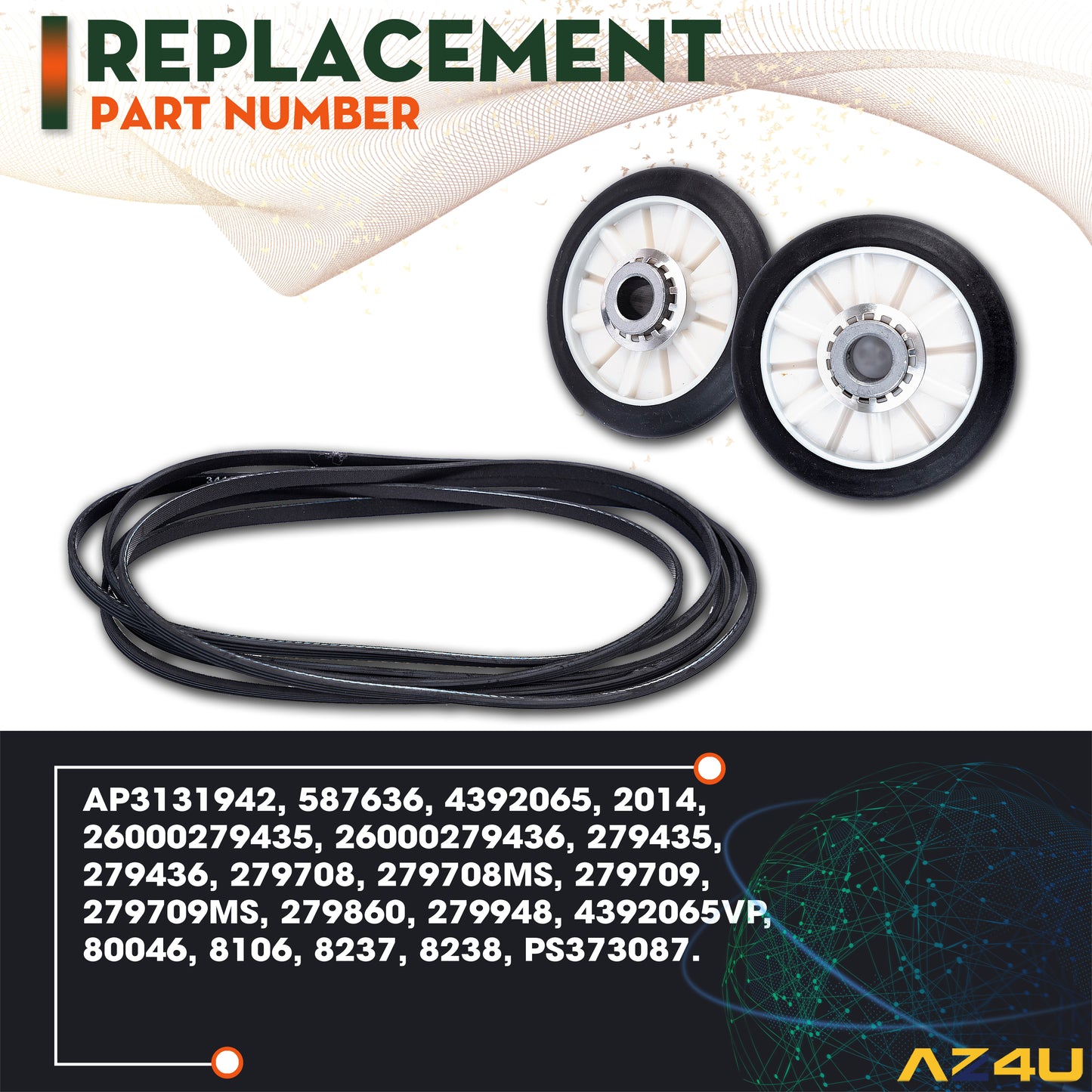 AZ4U Dryer Repair Kit Replaces For NED4600YQ1 NED4655EW1 4GNED4600YQ1 NED4600YQ0 NGD4655EW2 NED4500VQ0 NED4700YQ1 NED4500TQ0 NED4800VQ0 Drum Rollers 14210017 Belt 341241 Idler Pulley 14210023