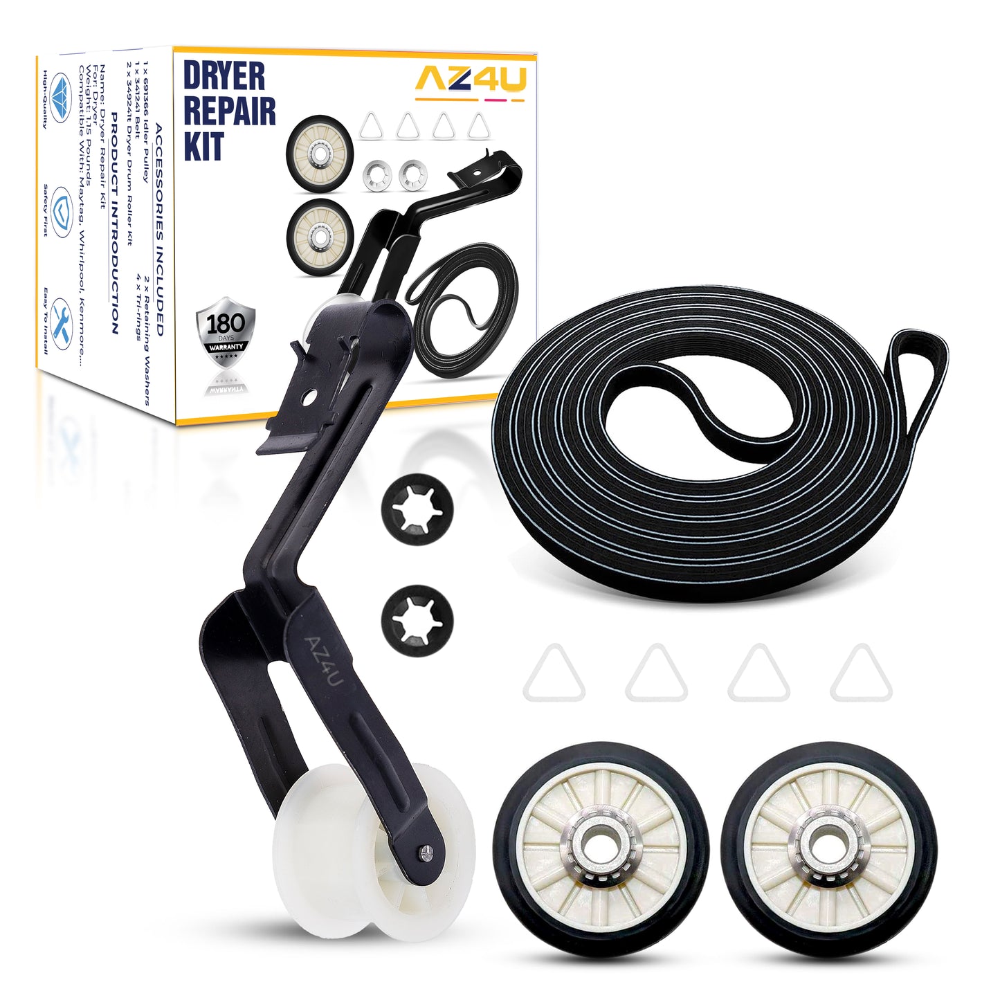 AZ4U Dryer Repair Kit Replaces For NED4600YQ1 NED4655EW1 4GNED4600YQ1 NED4600YQ0 NGD4655EW2 NED4500VQ0 NED4700YQ1 NED4500TQ0 NED4800VQ0 Drum Rollers 14210017 Belt 341241 Idler Pulley 14210023